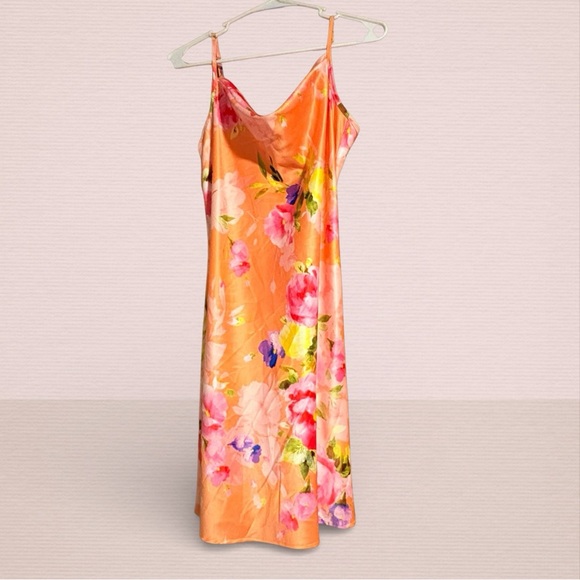 bebe Dresses & Skirts - bebe Floral Satin Chemise/Slip Dress - Orange and Pink
